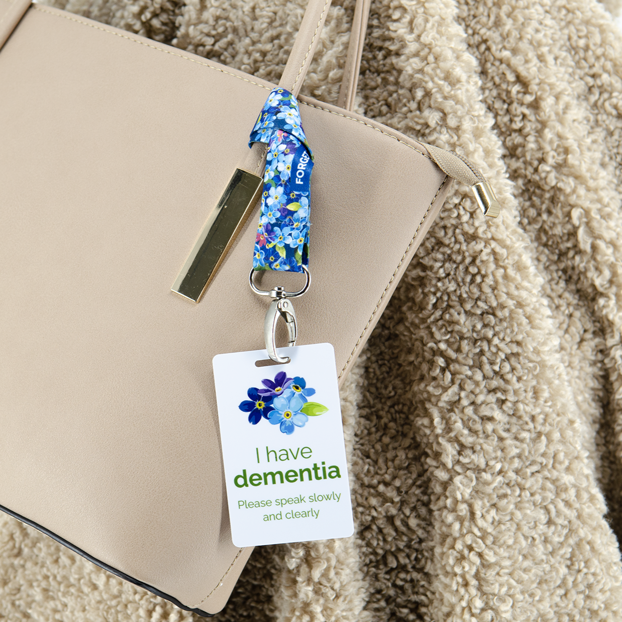 Dementia ID badge with clip, lanyard and bag strap