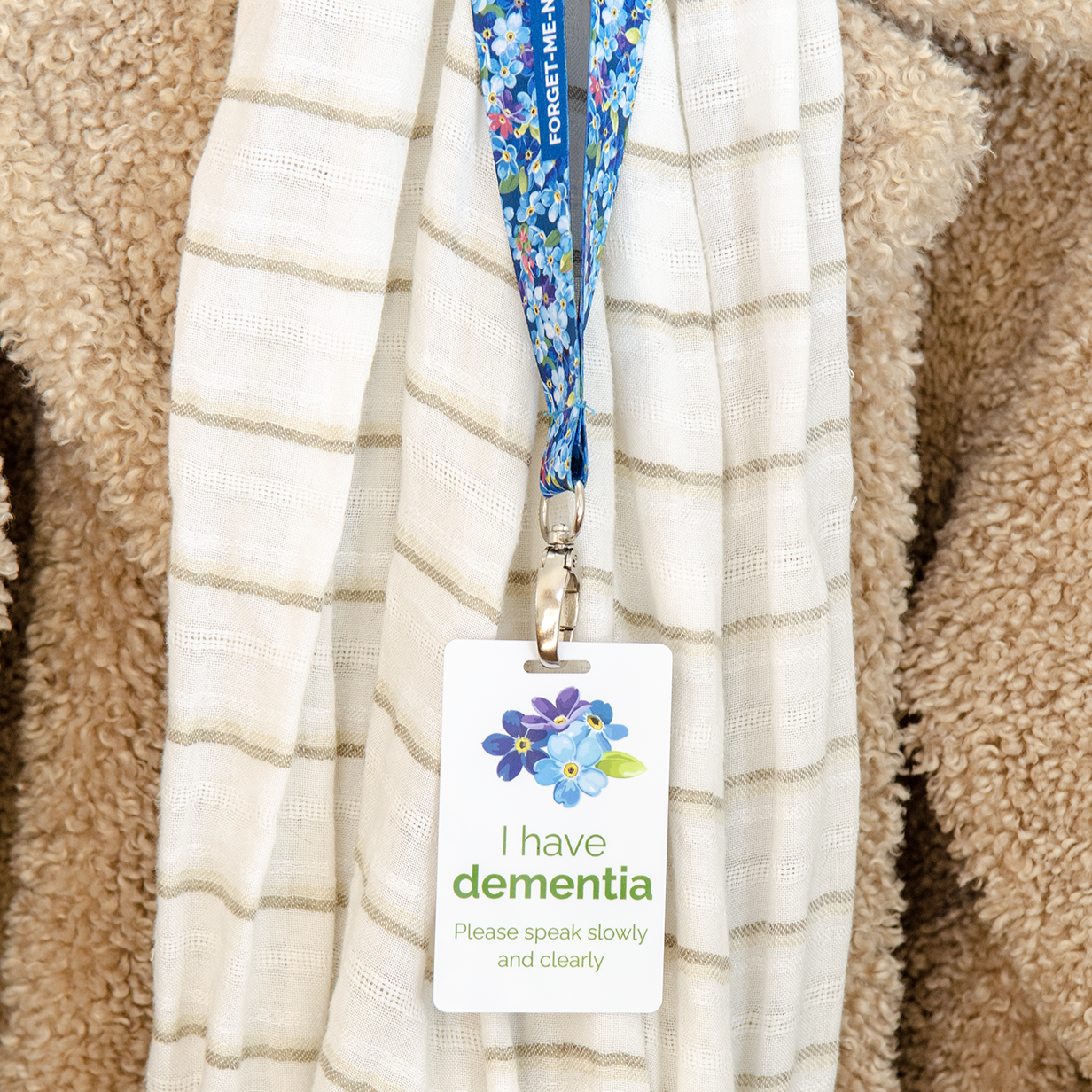Dementia ID badge with clip, lanyard and bag strap