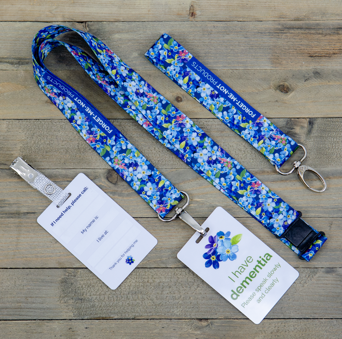 Dementia ID badge with clip, lanyard and bag strap