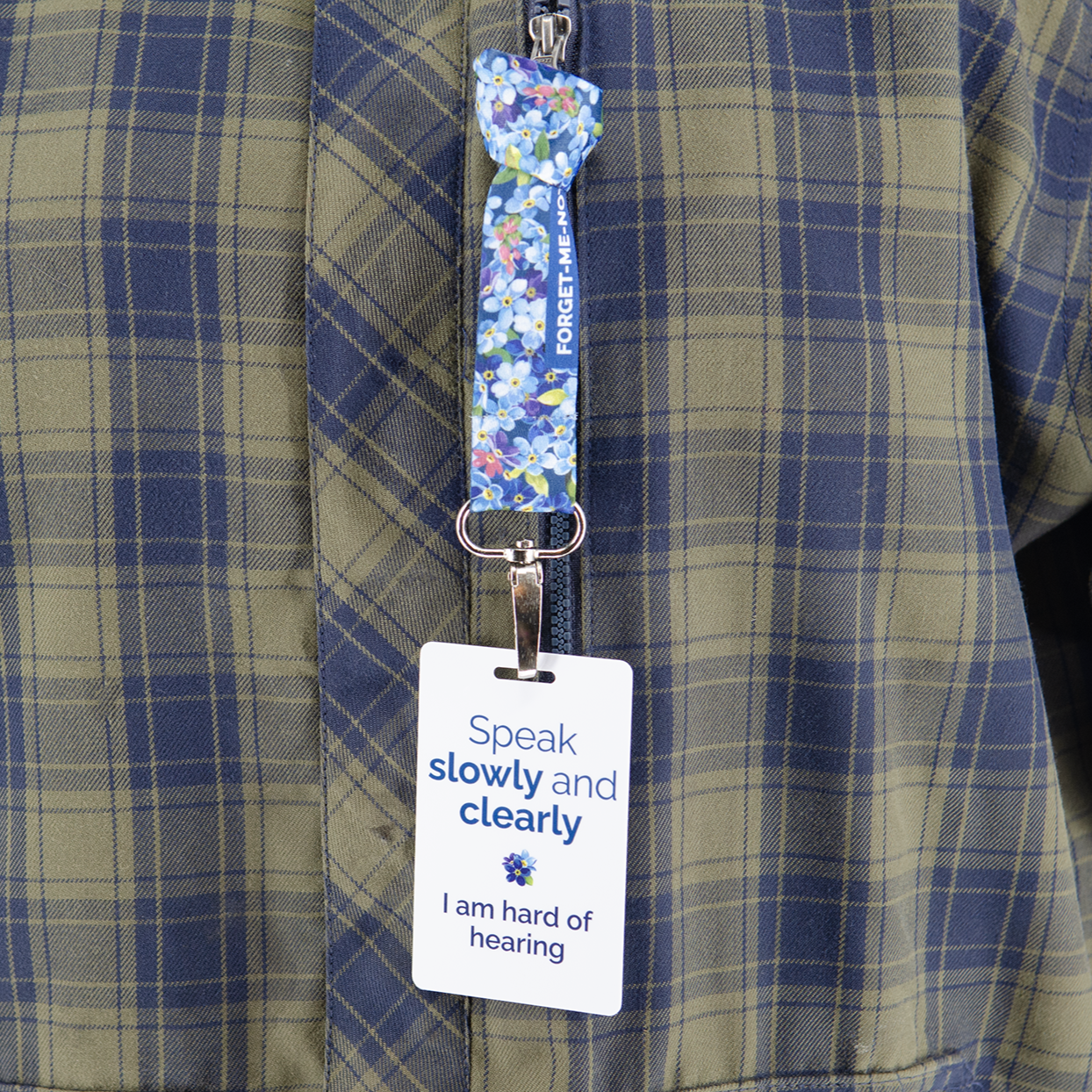 Hard of hearing ID badge with with clip, lanyard and bag strap