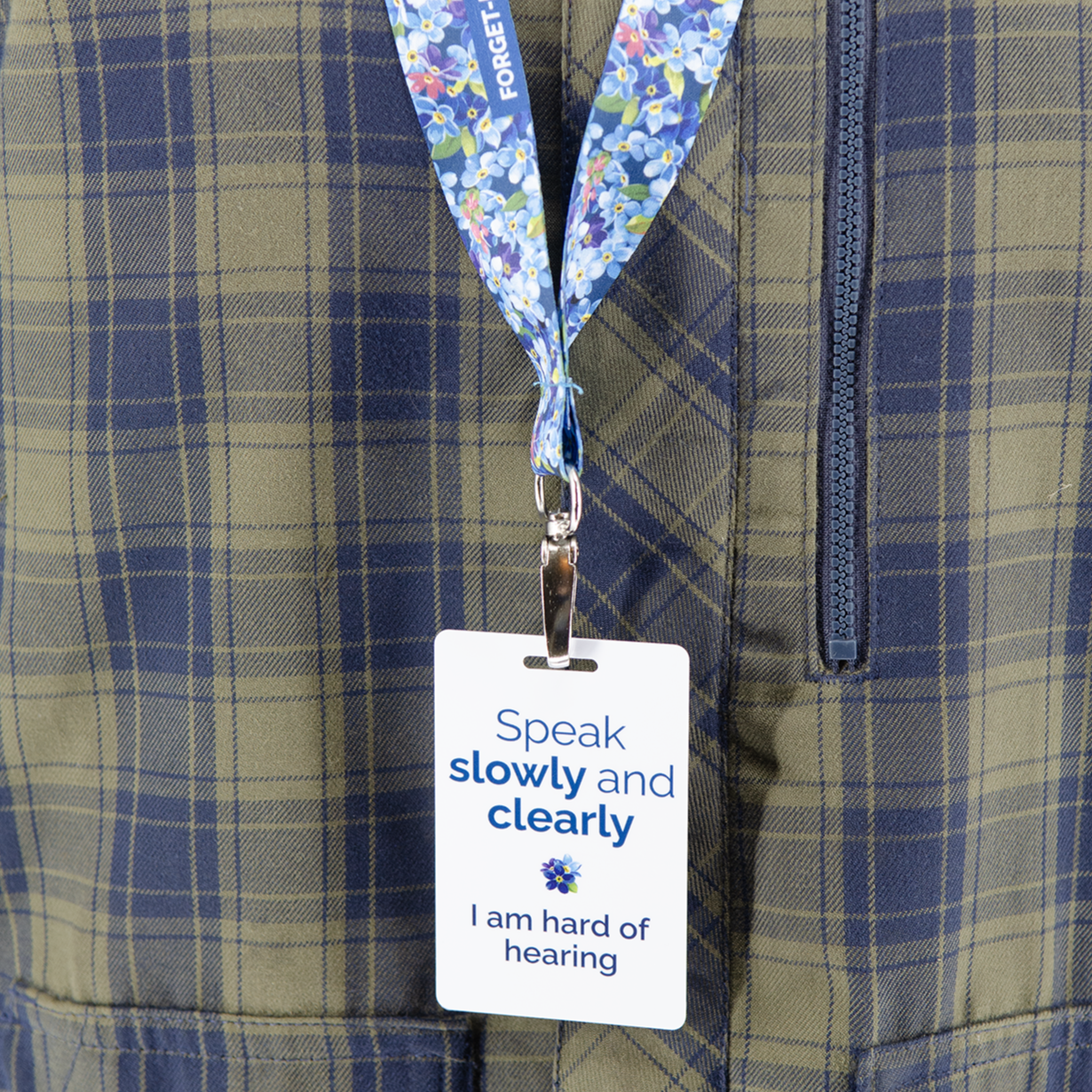 Hard of hearing ID badge with with clip, lanyard and bag strap