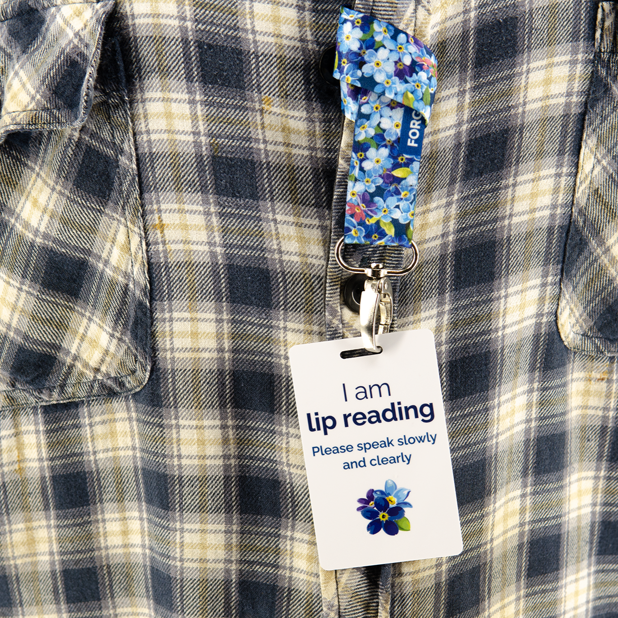 Lip reading ID badge with clip, lanyard and bag strap