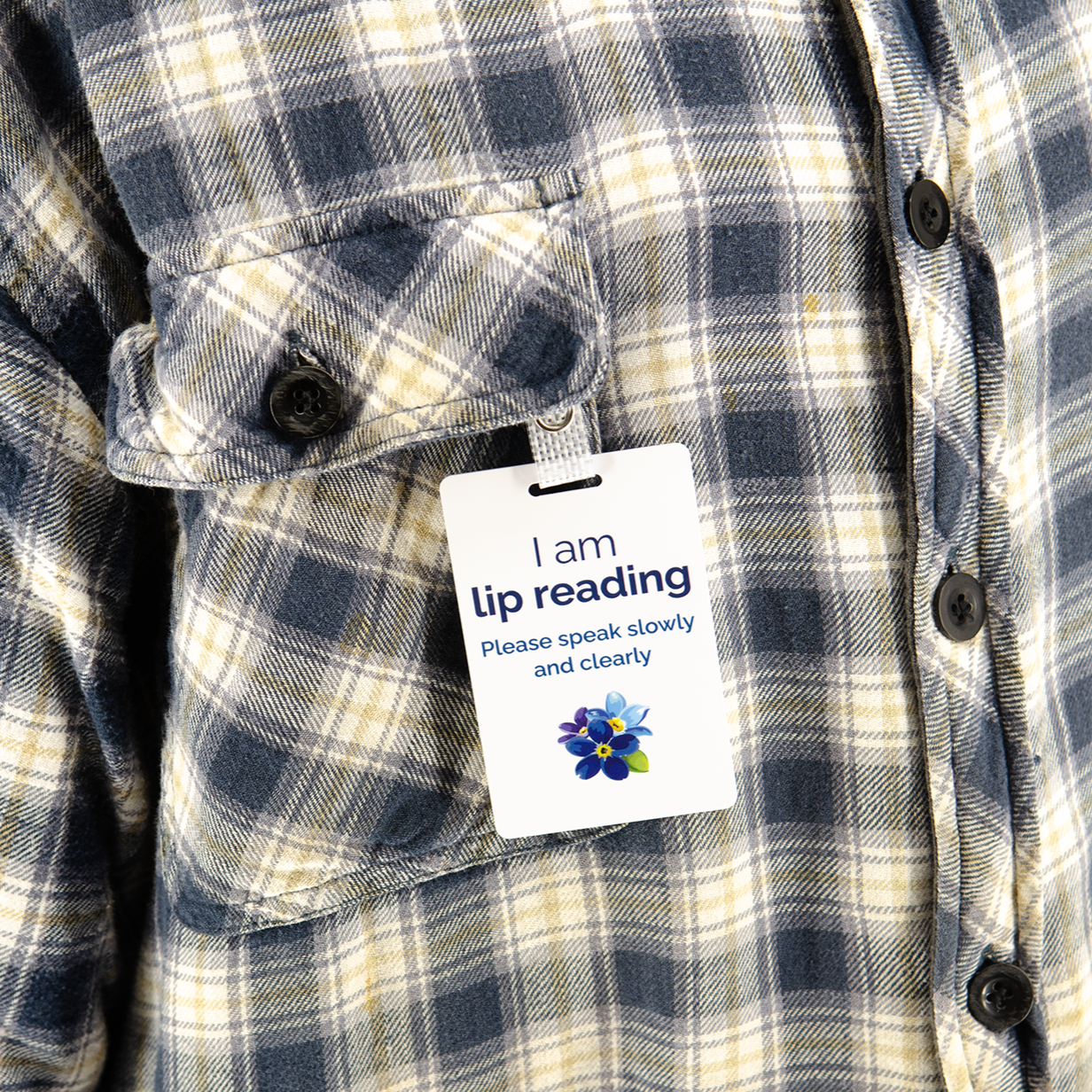 L:ip reading ID badge with lanyard straps sys I am lip reading please speak slowly and clearly
