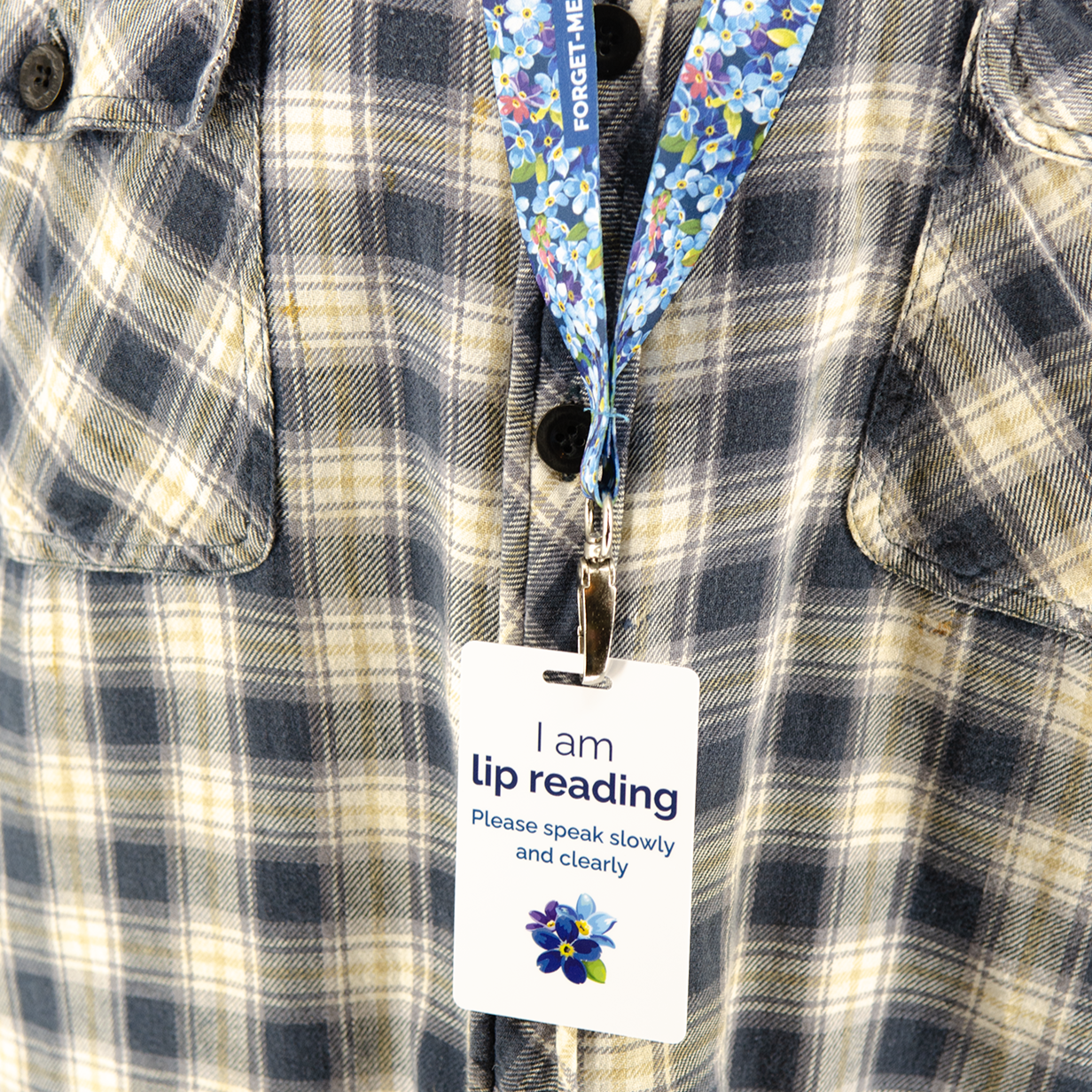 Lip reading ID badge with clip, lanyard and bag strap