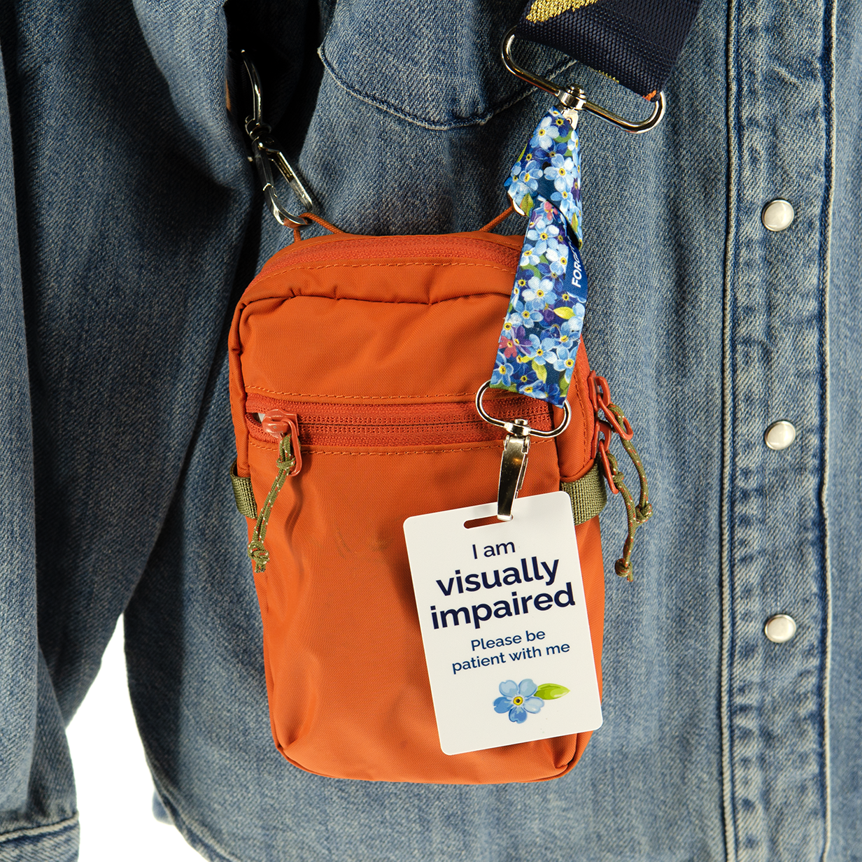 Visually impaired ID badge with lanyard straps says I am visually impaired please be patient with me