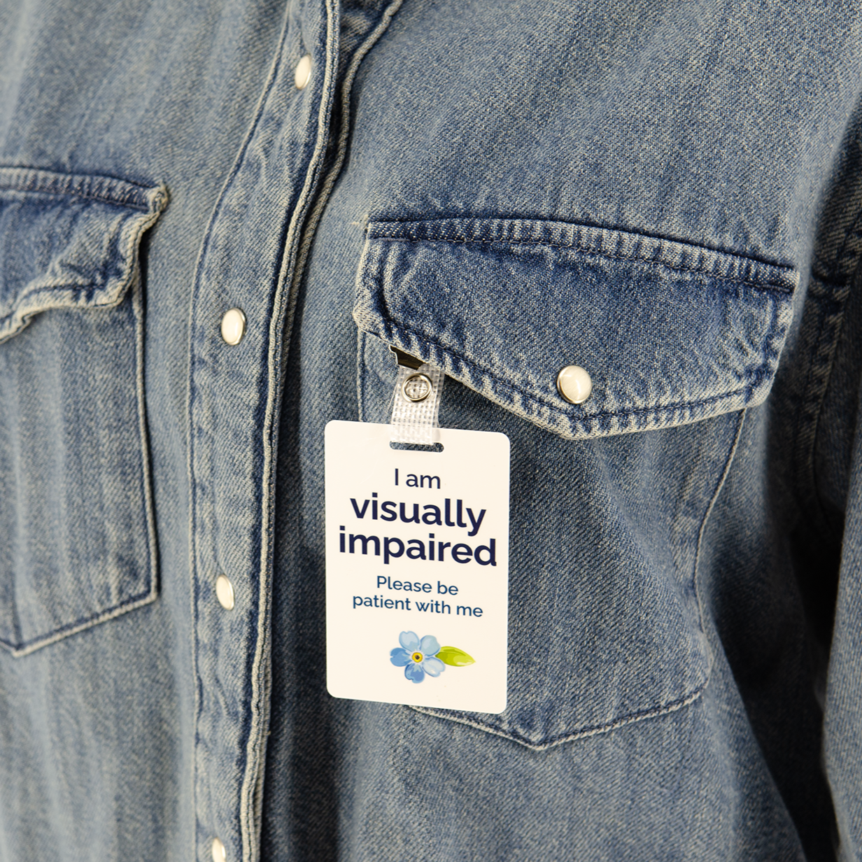 Visually impaired ID badge with lanyard straps says I am visually impaired please be patient with me