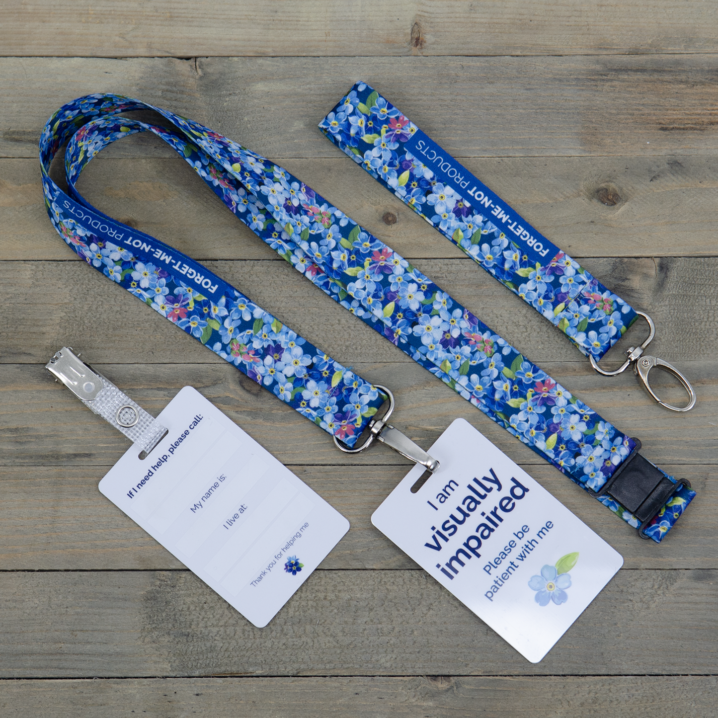 Visually impaired ID badge with lanyard straps says I am visually impaired please be patient with me